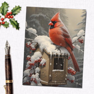 Postal Pájaro cardenal rojo en un buzón