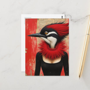 Postal Pájaro carpintero con fantasía de vestido negro