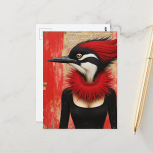 Postal Pájaro carpintero divertido con un vestido negro a