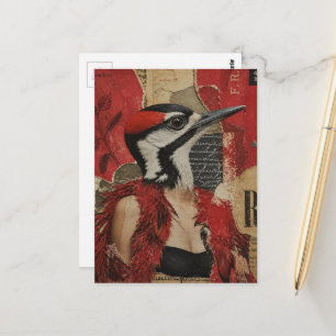 Postal Pájaro carpintero tonto con un vestido negro arte