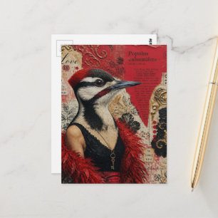 Postal Pájaro carpintero tonto en una fantasía de collage