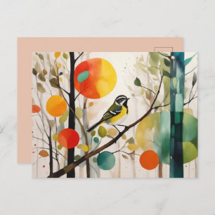Postal Pájaro De Acuarela En El Bosque De Otoño