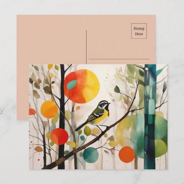 Postal Pájaro De Acuarela En El Bosque De Otoño (Anverso / Reverso)