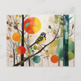 Postal Pájaro De Acuarela En El Bosque De Otoño