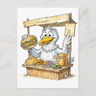 Postal Pájaro de cómic en puesto de pescado