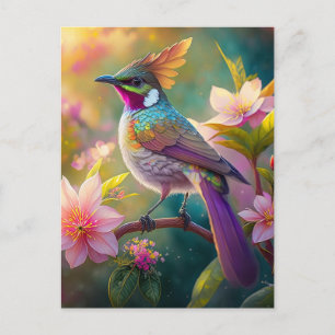 Postal Pájaro de fantasía Jay Arcoíris con cresta naranja