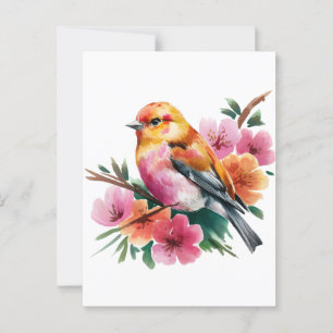 Postal Pájaro de flor rosa