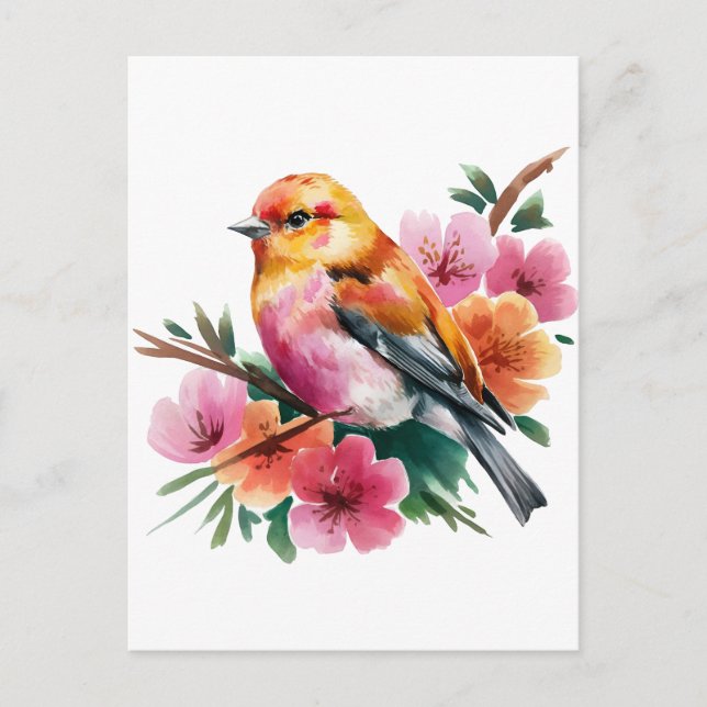 Postal Pájaro de flor rosa (Anverso)