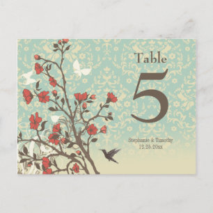 Postal Pájaro de flores vintage + número de mesa de boda 