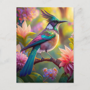Postal Pájaro de Jay Fantasy con cabeza verde