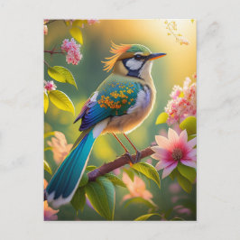 Postal Pájaro de la Fantasía Verde azulada con Cabecera V