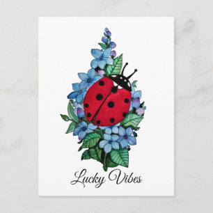 Postal Pájaro De Ladybird Acuarela Con Flores Salvajes Az