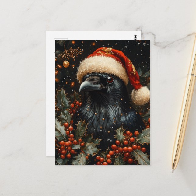 Postal Pájaro de Navidad Negro Festivo (Anverso/Reverso In Situ)