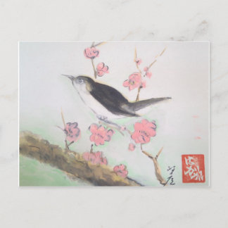 Postal Pájaro de primavera y flor de cerezo