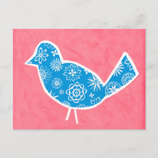 Postal Pájaro decorativo con patrones en fondo rosado (Anverso)