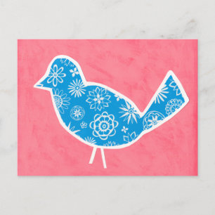 Postal Pájaro decorativo con patrones en fondo rosado