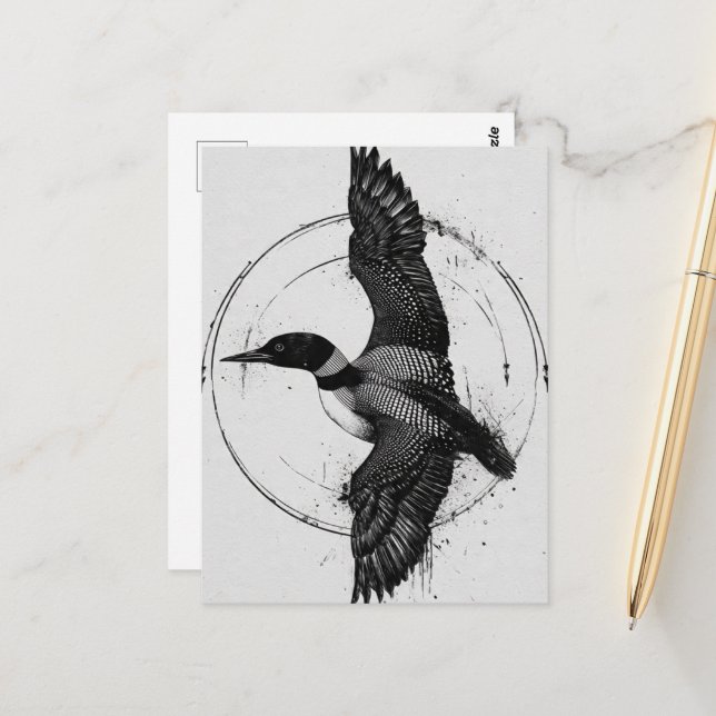 Postal Pájaro del estado de Minnesota Loon en vuelo (Anverso/Reverso In Situ)