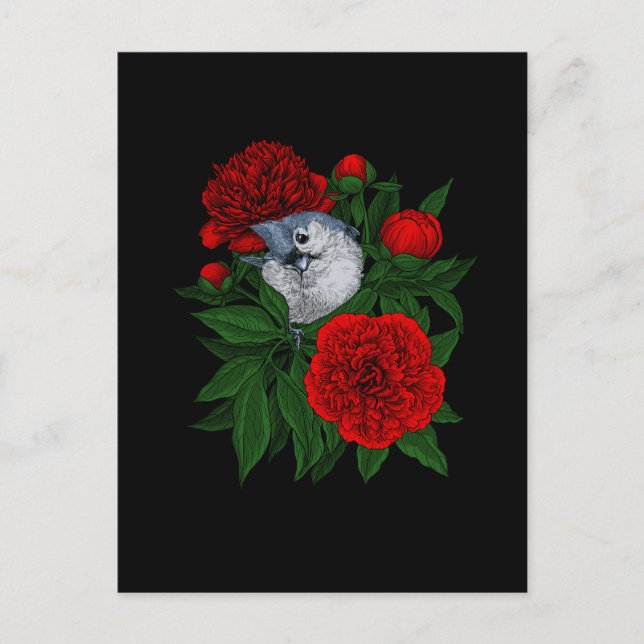 Postal Pájaro en un ramo de peonías rojas (Anverso)