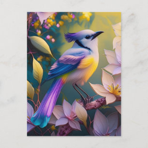 Postal Pájaro Fantasía de Pecho Amarillo con Cresta Viole