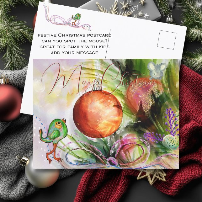 Postal Pájaro festivo pintado a mano y ratón (Hand-painted Festive Bird & Mouse Postcard)