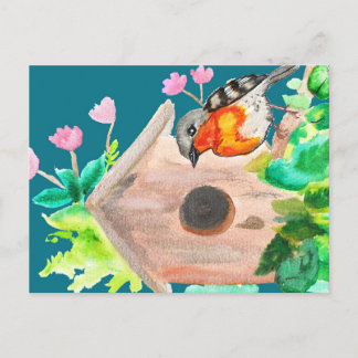 Postal Pájaro junto a la casa