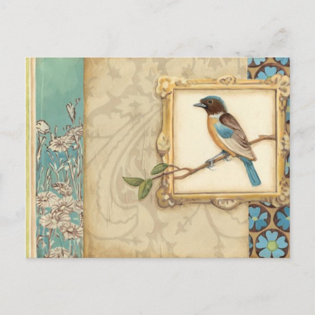 Postal Pájaro marrón y azul en una rama mirando hacia arr (Anverso)