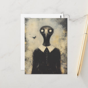Postal Pájaro negro con vestido negro de terror fantasía