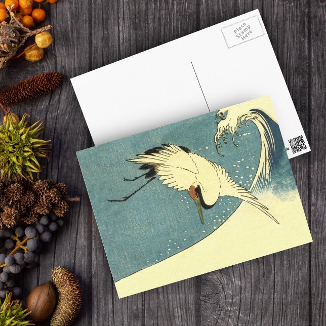 Postal Pájaro negro de la grúa blanca volando sobre la ol (Flying white crane bird over ocean wave on blue postcard.)
