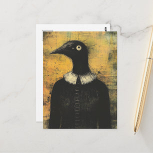 Postal Pájaro negro en una fantasía de vestido negro