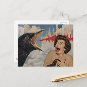 Postal Pájaro negro gritando y dama retro
