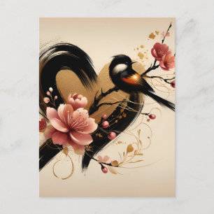 Postal Pájaro Negro y Corazón de Flor de Cerezo
