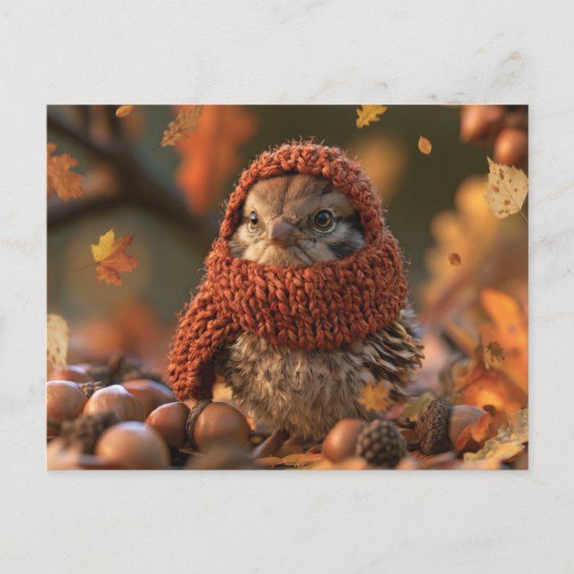 Postal Pájaro Otoñal Acogedor con Bufanda de Punto (Anverso)