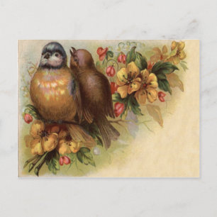Postal Pájaro Robin Amarillo Flor Roja