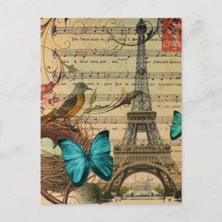 Postal Pájaro Robin de mariposa azul nido Torre Eiffel de