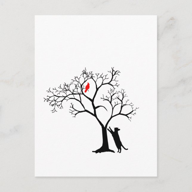 Postal Pájaro rojo cardenal en árbol y gato de invierno n (Anverso)