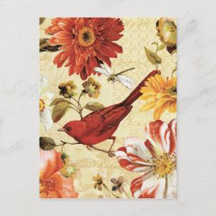 Postal Pájaro rojo en un jardín de flores