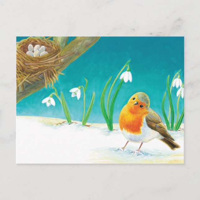 Postal Pájaro rojo Robin y Ilustracion de nevadas (Anverso)