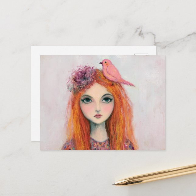 Postal Pájaro rosa en su pelo (Anverso/Reverso In Situ)