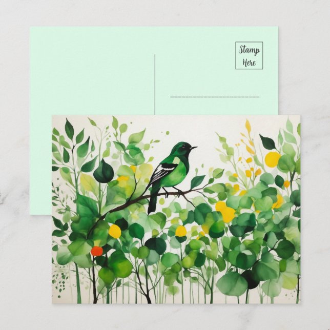 Postal Pájaro Verde Parado En Una Rama (Anverso / Reverso)