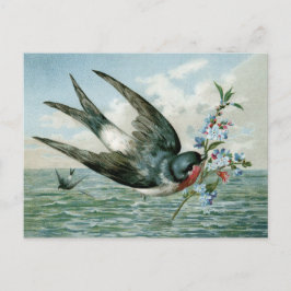 Postal Pájaro vintage con rama de flores