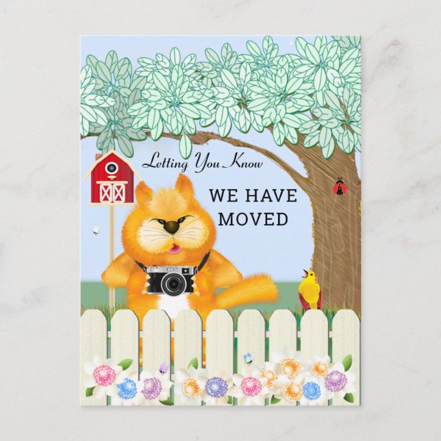 Postal Pájaro y gato en el jardín | Cambio de dirección (Anverso)