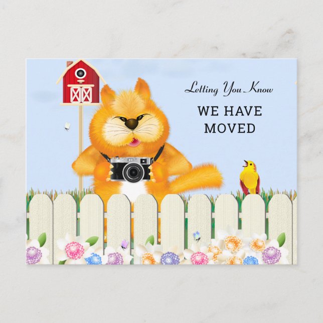 Postal Pájaro y gato en el jardín| Cambio de dirección (Anverso)
