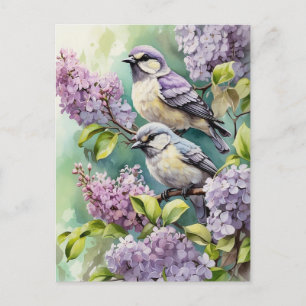 Postal Pájaros acuarela con flores de lila en flor