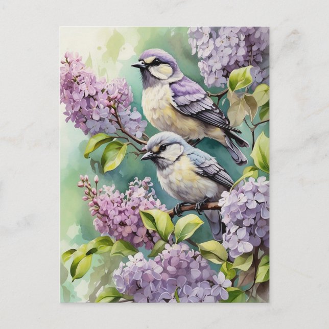 Postal Pájaros acuarela con flores de lila en flor (Anverso)