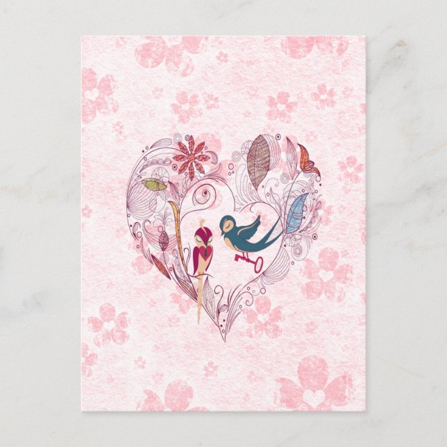 Postal Pájaros adorables con la llave del amor (Anverso)