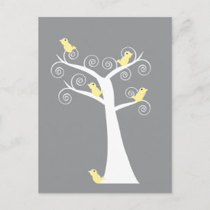 Postal Pájaros Amarillos Remolino Blanco Árbol Gris