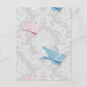 Postal Pájaros azules rosados Patrón de encaje de Damasco