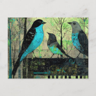 Postal Pájaros Cantores Azules Posados En Un Piano Antigu