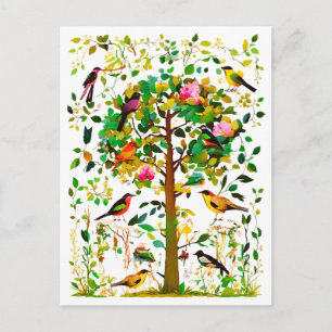 Postal Pájaros Coloridos en un Árbol Florido