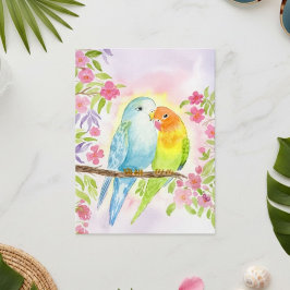 Postal Pájaros de amor acuarela con flores rosas